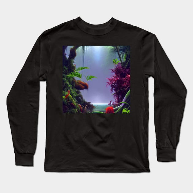 Digital Painting Of A Beautiful Jungle Long Sleeve T-Shirt by Promen Art